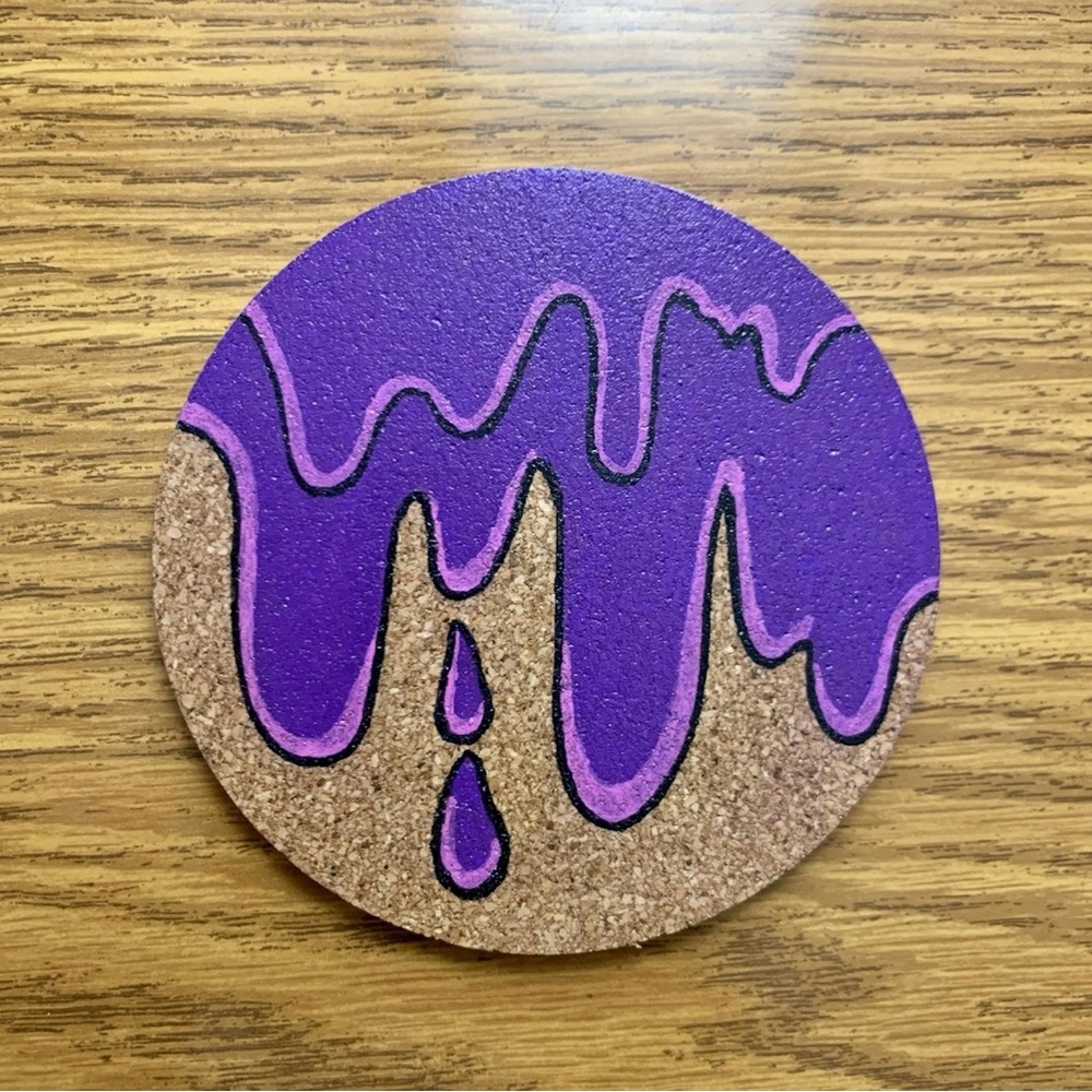 Purple Grime Drip Painted Cork Coaster